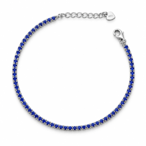Sterling silver blue tennis bracelet with lobster clasp, top view