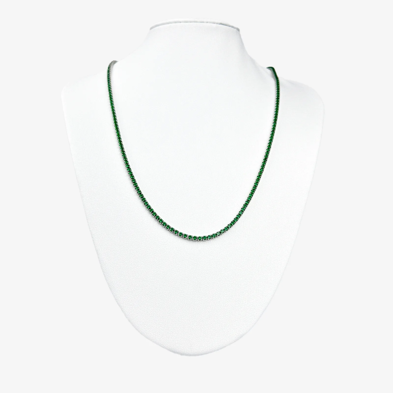 Sterling silver necklace with emerald stones, front view